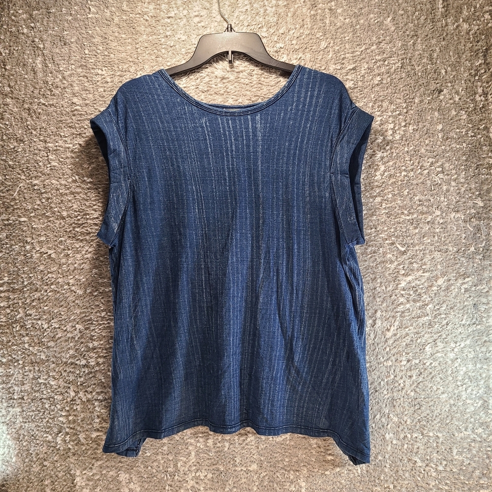 CLOTH & STONE Blue Short Sleeve Cap Cotton Split Back Top Size Medium Round Neck